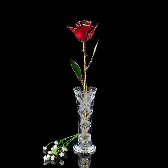 24K Gold Tipped Burgundy Rose with Crystal Vase-Gold Trimmed Rose-The Rose Lady-Top Notch Gift Shop