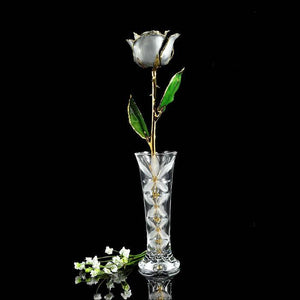 24K Gold Trimmed Silver Moonstone Rose with Crystal Vase-Gold Trimmed Rose-The Rose Lady-Top Notch Gift Shop