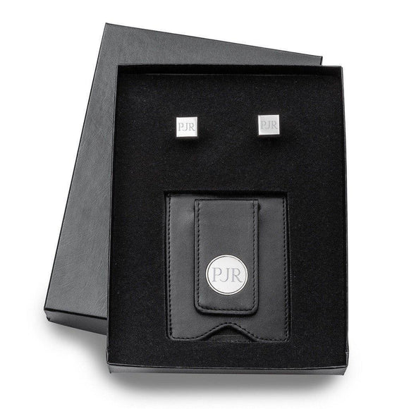 Black Leather Wallet and Modern Square Cufflinks Personalized Gift Set-Wallet-JDS Marketing-Top Notch Gift Shop