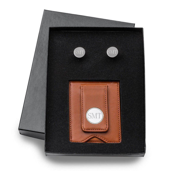 Brown Leather Wallet and Gunmetal Round Cufflinks Personalized Set-Wallet-JDS Marketing-Top Notch Gift Shop