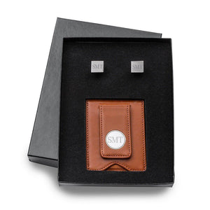 Brown Leather Wallet and Gunmetal Square Cufflinks Personalized Set-Wallet-JDS Marketing-Top Notch Gift Shop
