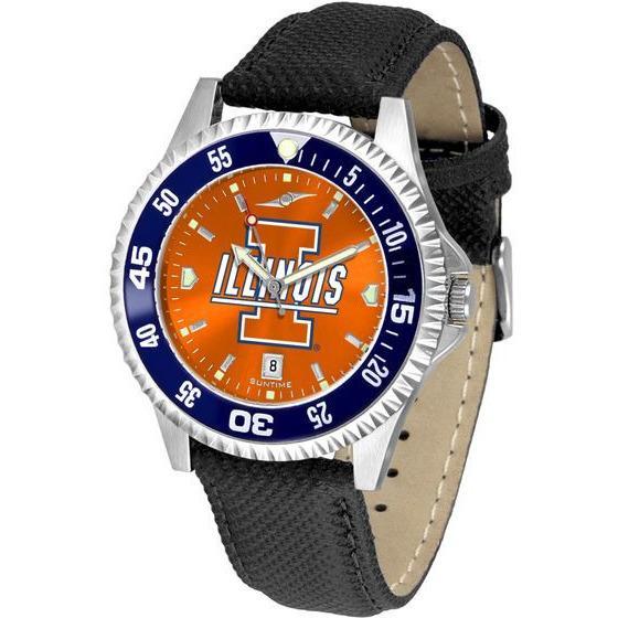 Illinois Fighting Illini Mens Competitor Ano Poly/Leather Band Watch w/ Colored Bezel-Watch-Suntime-Top Notch Gift Shop