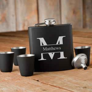 Stamped Monogram Black Matte Flask Gift Set-Flask-JDS Marketing-Top Notch Gift Shop