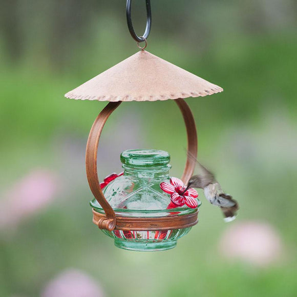 Pot de Creme Shelter Green Glass Hummingbird Feeder-Bird Feeder-Parasol Gardens-Top Notch Gift Shop