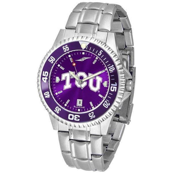 Texas Christian Horned Frogs Mens Competitor AnoChrome Steel Band Watch w/ Colored Bezel-Watch-Suntime-Top Notch Gift Shop