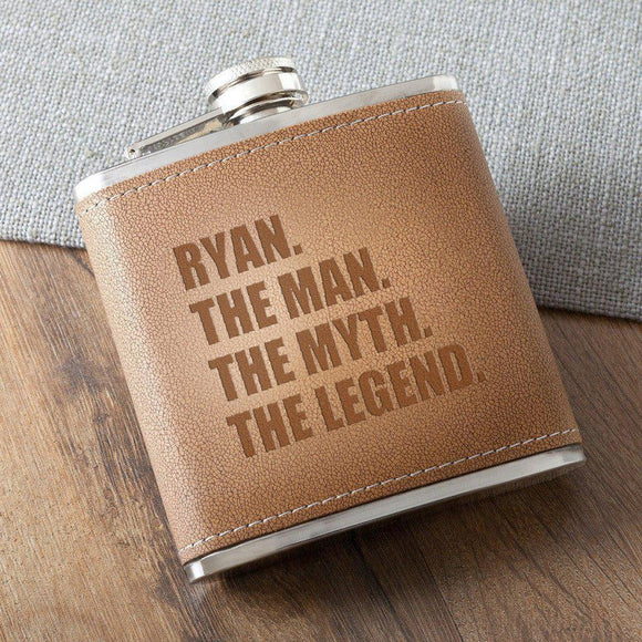The Man. The Myth. The Legend. Tan Hide Stitched Personalized Flask-Flask-JDS Marketing-Top Notch Gift Shop