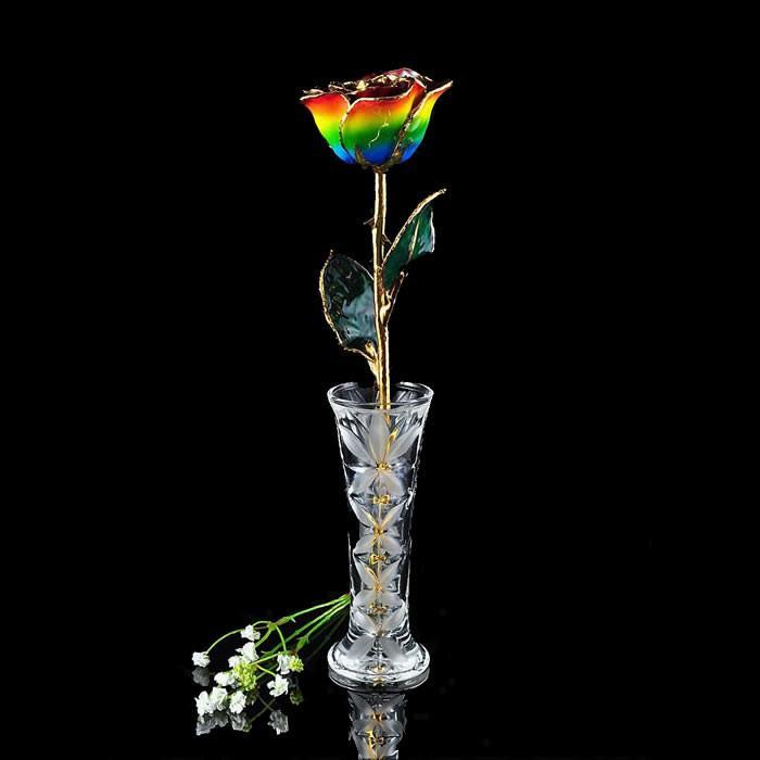 24K Gold Tipped Rainbow Rose with Crystal Vase-Gold Trimmed Rose-The Rose Lady-Top Notch Gift Shop