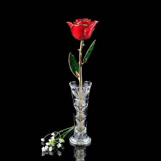 24K Gold Tipped Red Rose with Crystal Vase-Gold Trimmed Rose-The Rose Lady-Top Notch Gift Shop