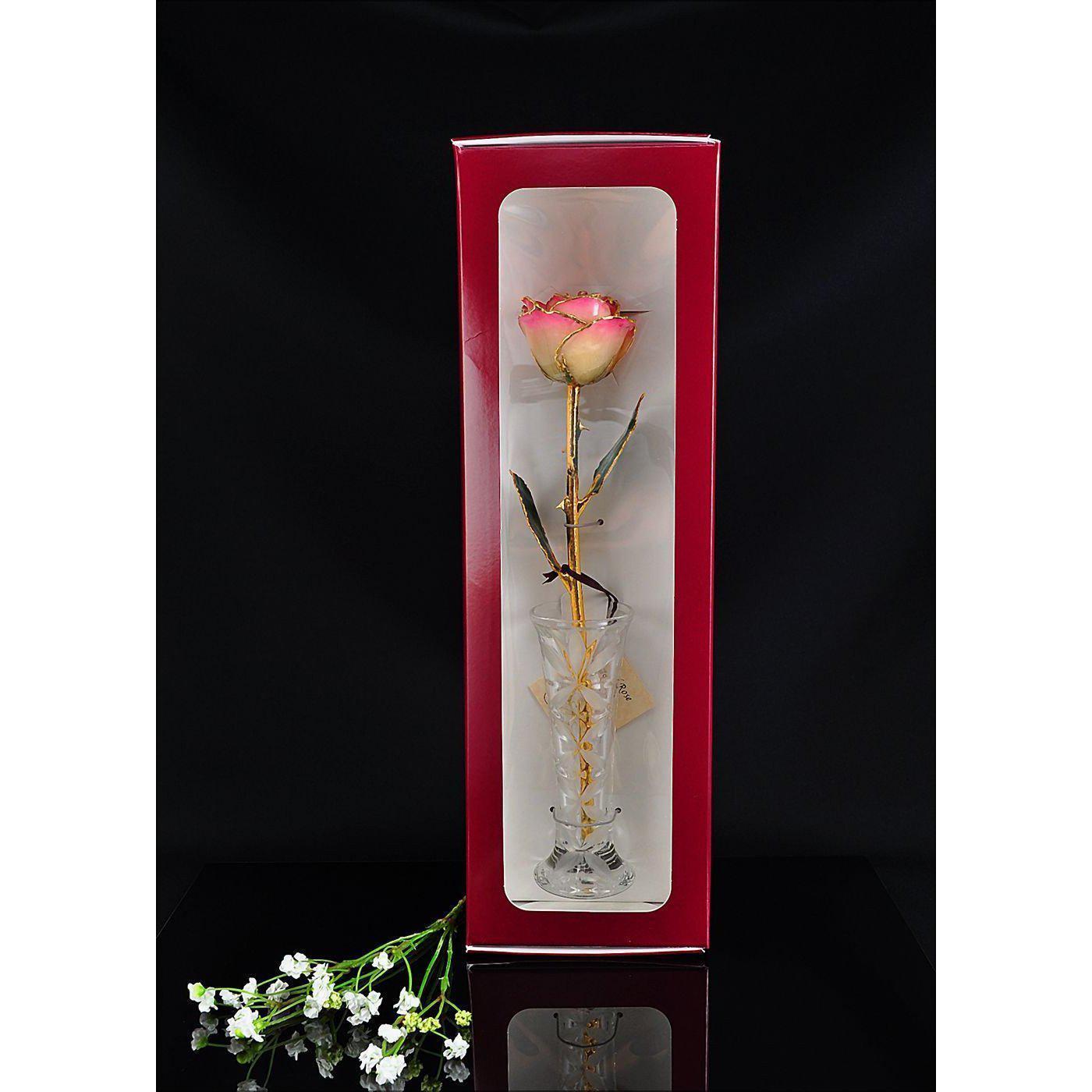 24K Gold Tipped White and Pink Rose with Crystal Vase-Gold Trimmed Rose-The Rose Lady-Top Notch Gift Shop