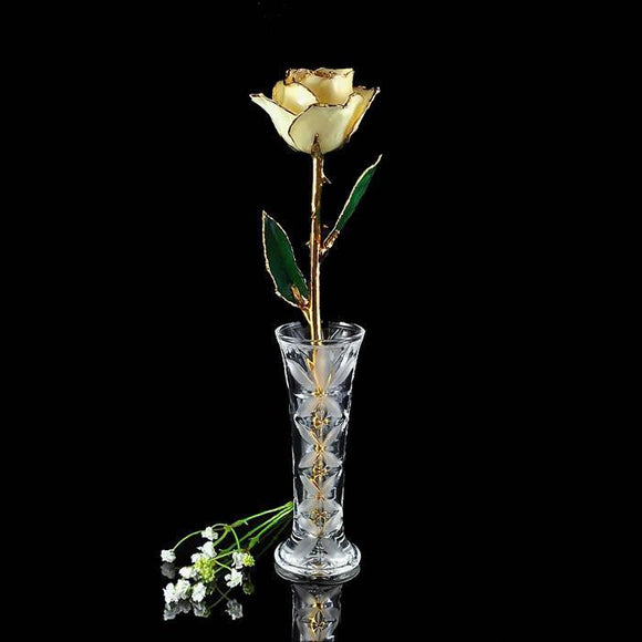 24K Gold Tipped White Rose with Crystal Vase-Gold Trimmed Rose-The Rose Lady-Top Notch Gift Shop