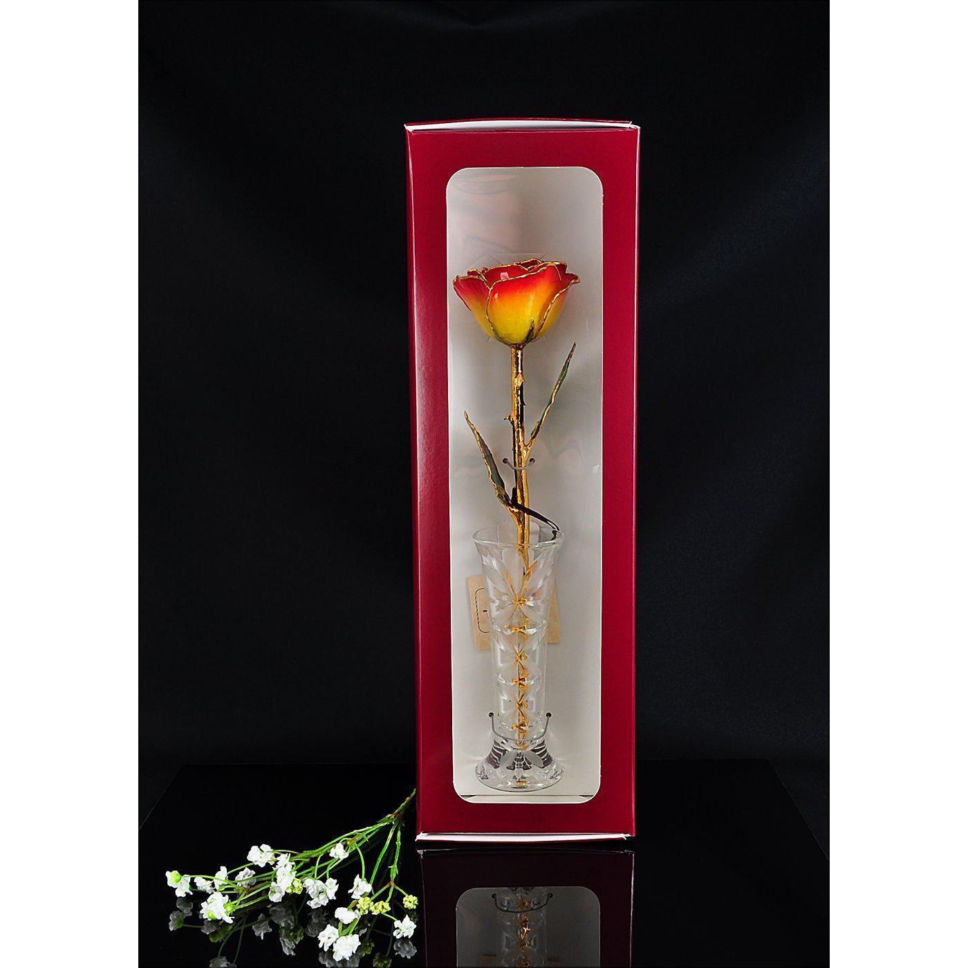 24K Gold Tipped Yellow Red Tip Rose with Crystal Vase-Gold Trimmed Rose-The Rose Lady-Top Notch Gift Shop