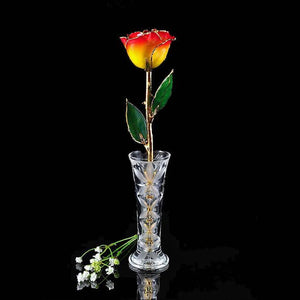 24K Gold Tipped Yellow Red Tip Rose with Crystal Vase-Gold Trimmed Rose-The Rose Lady-Top Notch Gift Shop