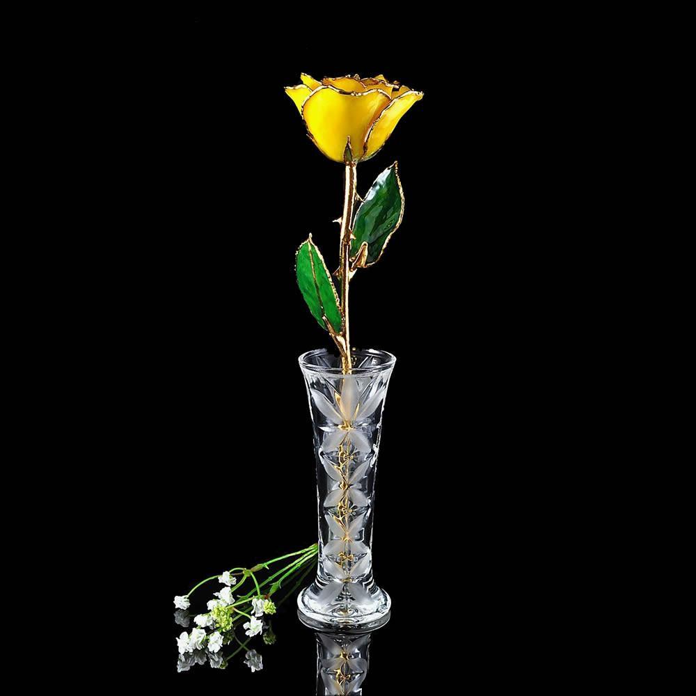 24K Gold Tipped Yellow Rose with Crystal Vase-Gold Trimmed Rose-The Rose Lady-Top Notch Gift Shop