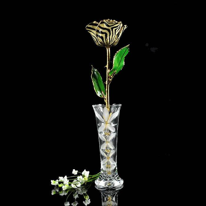 24K Gold Tipped Zebra Rose with Crystal Vase-Gold Trimmed Rose-The Rose Lady-Top Notch Gift Shop