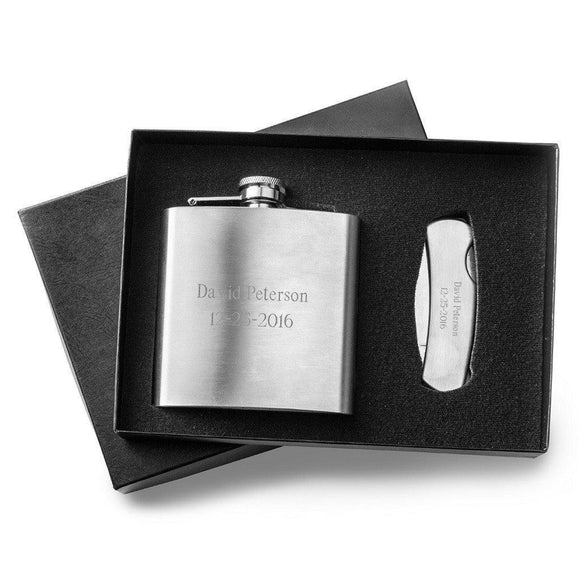 6oz Stainless Steel Flask & Lock Back Knife Personalized Gift Set-Flask-JDS Marketing-Top Notch Gift Shop