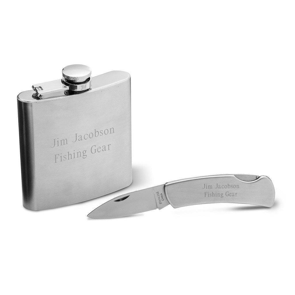 6oz Stainless Steel Flask & Lock Back Knife Personalized Gift Set-Flask-JDS Marketing-Top Notch Gift Shop