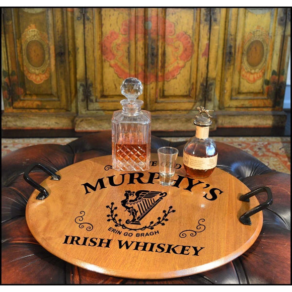 Irish Harp Barrel Head Serving Tray with Wrought Iron Handles - Personalized-Serving Tray-1000 Oaks Barrel-Top Notch Gift Shop
