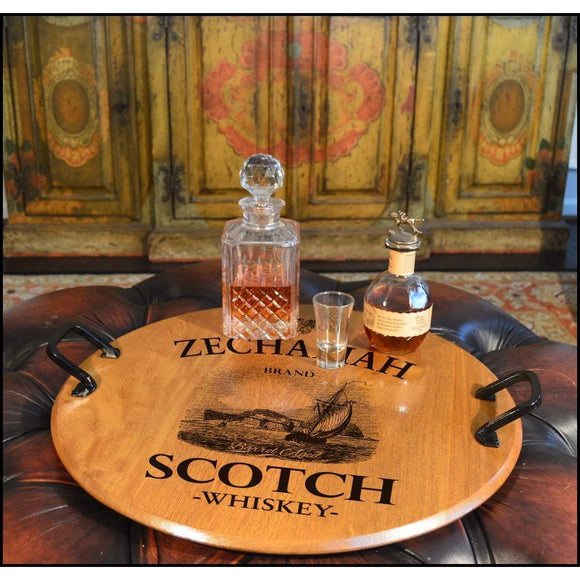 Zechariah Scotch Barrel Head Serving Tray with Wrought Iron Handles - Personalized-Serving Tray-1000 Oaks Barrel-Top Notch Gift Shop