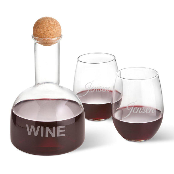 Wine Decanter in Wood Crate with set of 2 Stemless Wine Glasses - Personalized-Decanter-JDS Marketing-Top Notch Gift Shop