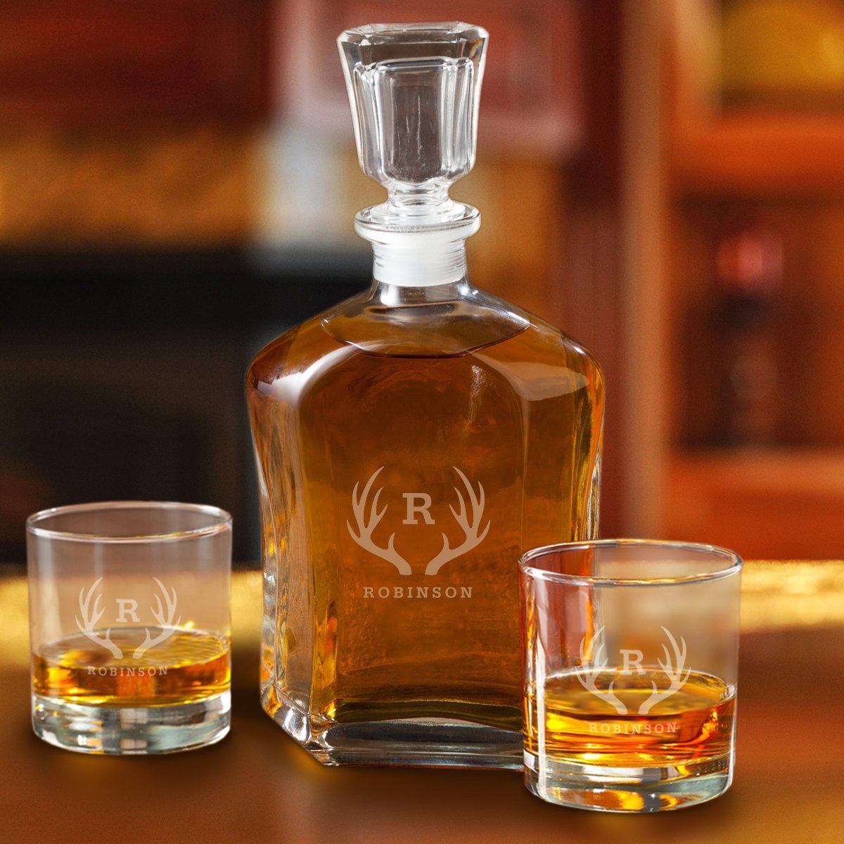 Decanter Set with 2 Low Ball Glasses - Antler Monogram-Decanter-JDS Marketing-Top Notch Gift Shop