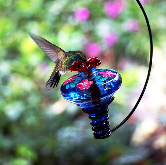 Parasol Gardens Handpainted Mini-Blossom Gloria Glass Hummingbird Feeder - Blue-Bird Feeder-Parasol Gardens-Top Notch Gift Shop
