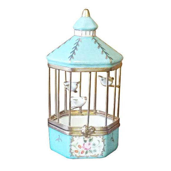 Tiffany Blue Birdcage with 3 Gold Birds Limoges Box by Rochard™-Limoges Box-Rochard-Top Notch Gift Shop