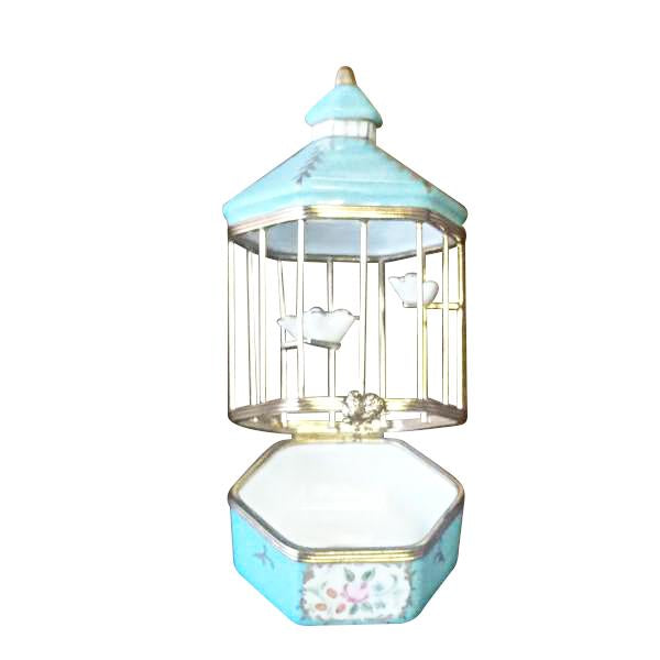 Tiffany Blue Birdcage with 3 Gold Birds Limoges Box by Rochard™-Limoges Box-Rochard-Top Notch Gift Shop