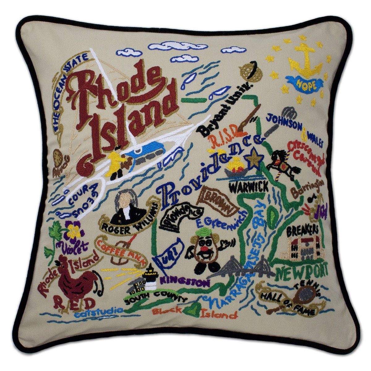 Rhode Island Hand Embroidered CatStudio State Pillow-Pillow-CatStudio-Top Notch Gift Shop
