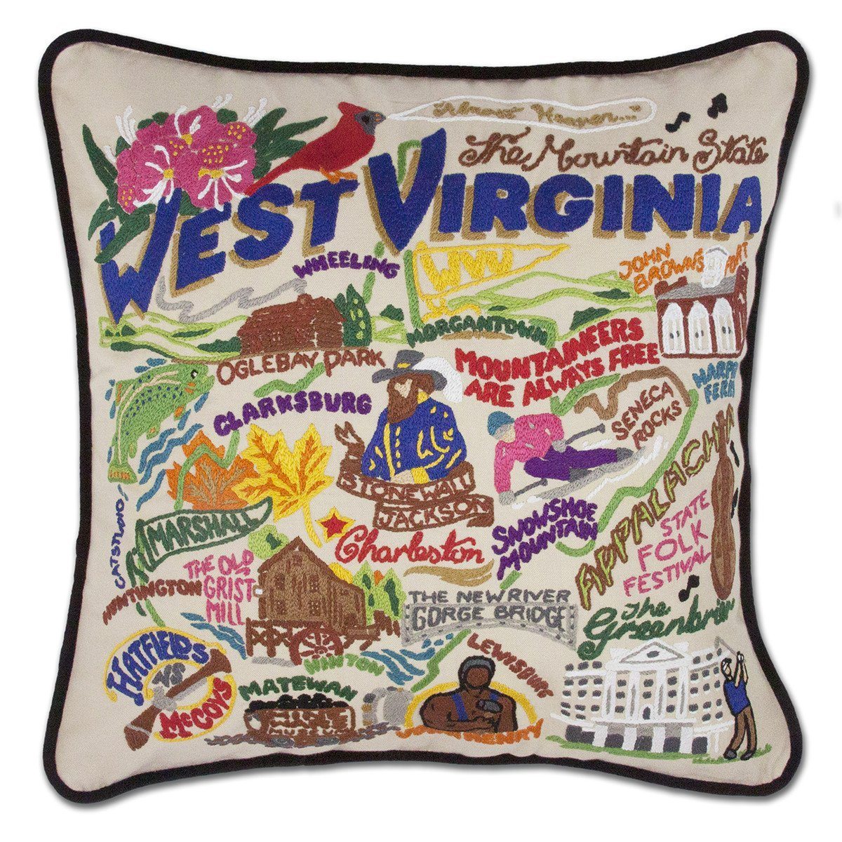 West Virginia Embroidered CatStudio State Pillow-Pillow-CatStudio-Top Notch Gift Shop