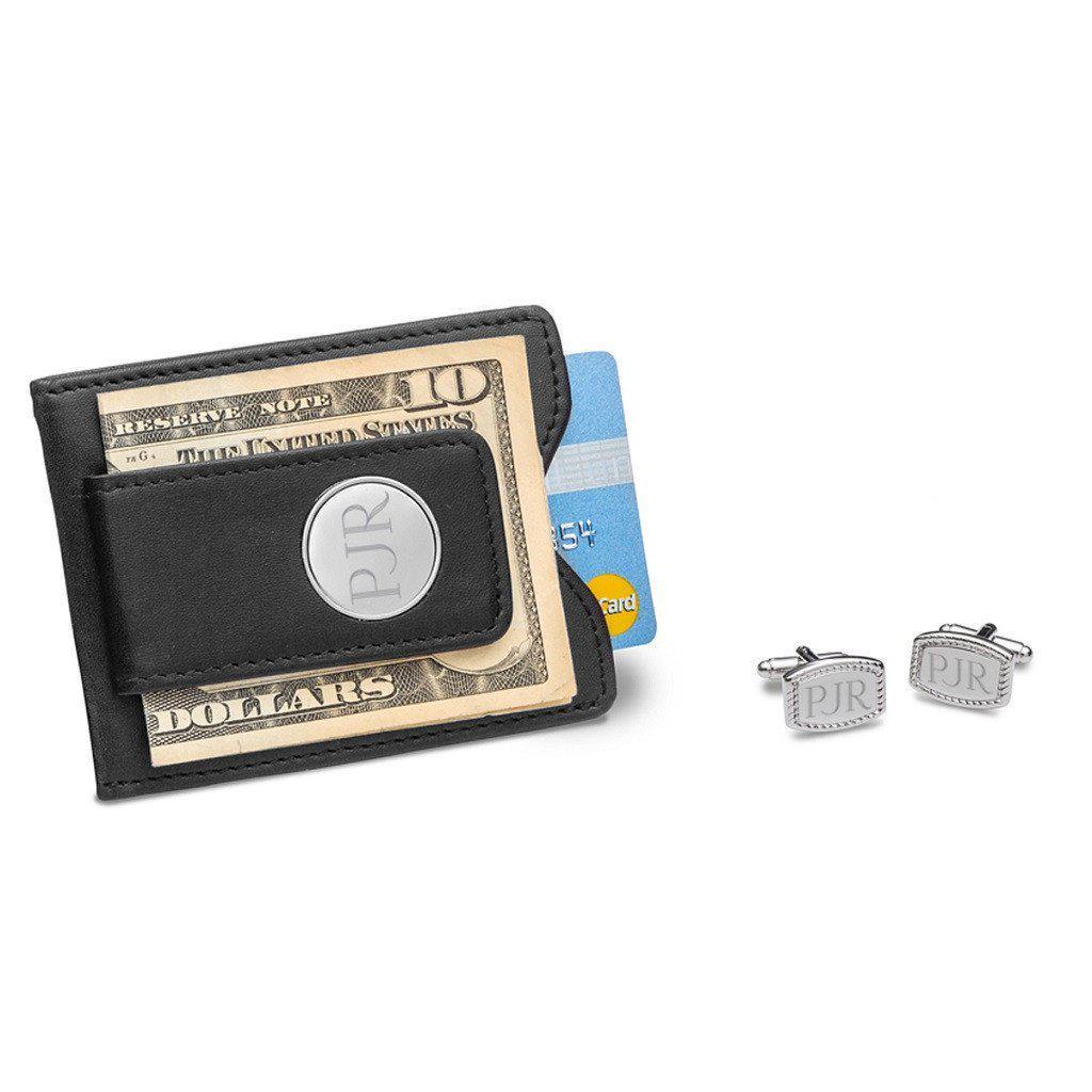 Black Leather Wallet and Beaded Rectangular Cufflinks Personalized Set-Wallet-JDS Marketing-Top Notch Gift Shop