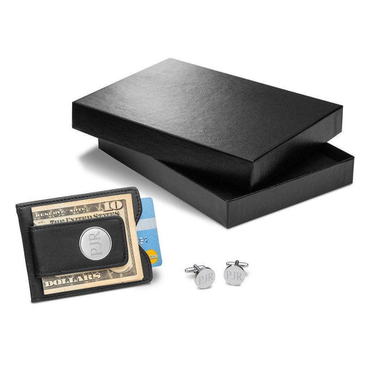 Black Leather Wallet and Classic Round Cufflinks Personalized Gift Set-Wallet-JDS Marketing-Top Notch Gift Shop