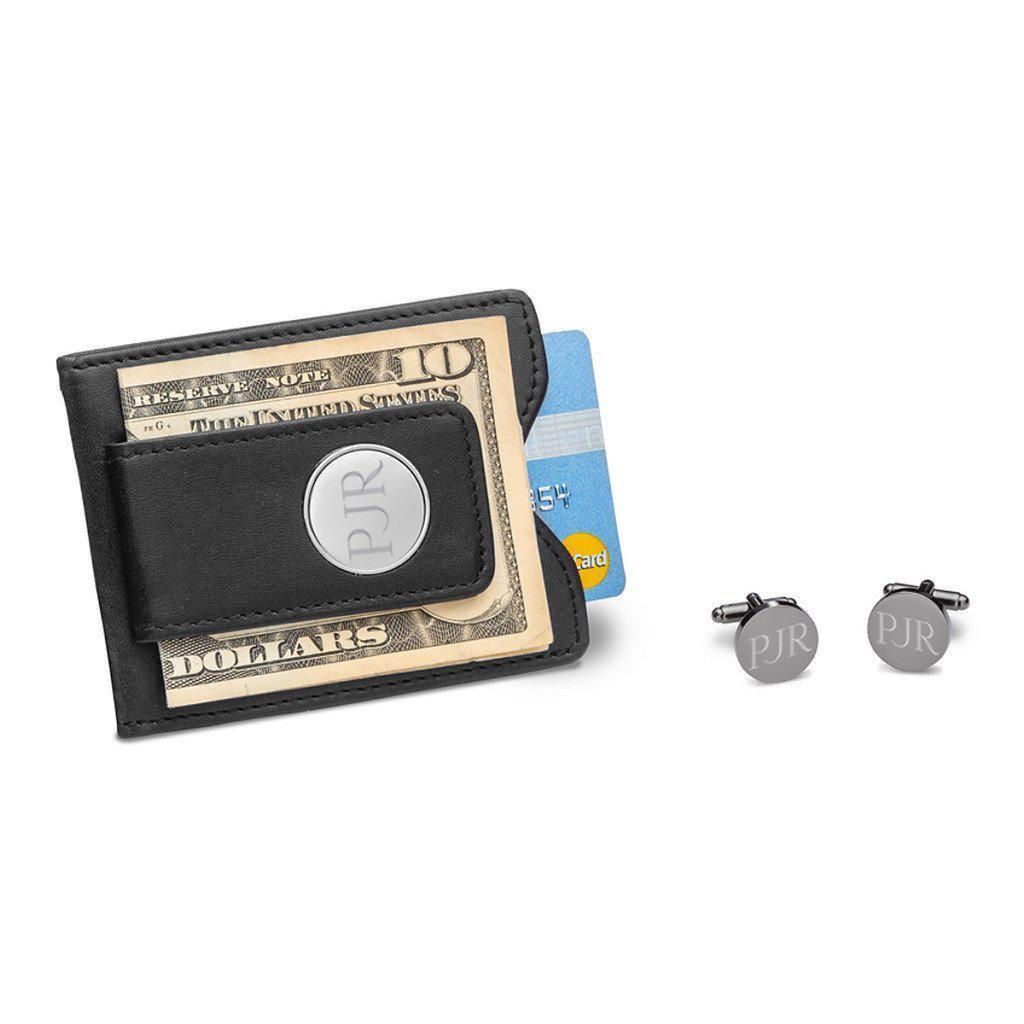 Black Leather Wallet and Gunmetal Round Cufflinks Personalized Set-Wallet-JDS Marketing-Top Notch Gift Shop