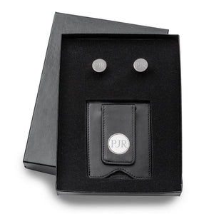 Black Leather Wallet and Gunmetal Round Cufflinks Personalized Set-Wallet-JDS Marketing-Top Notch Gift Shop