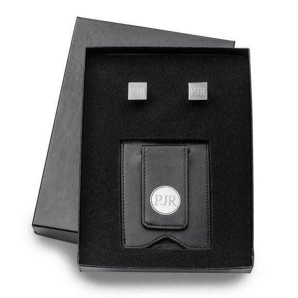 Black Leather Wallet and Gunmetal Square Cufflinks Personalized Set-Wallet-JDS Marketing-Top Notch Gift Shop