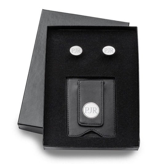 Black Leather Wallet and Modern Oval Cufflinks Personalized Set-Wallet-JDS Marketing-Top Notch Gift Shop