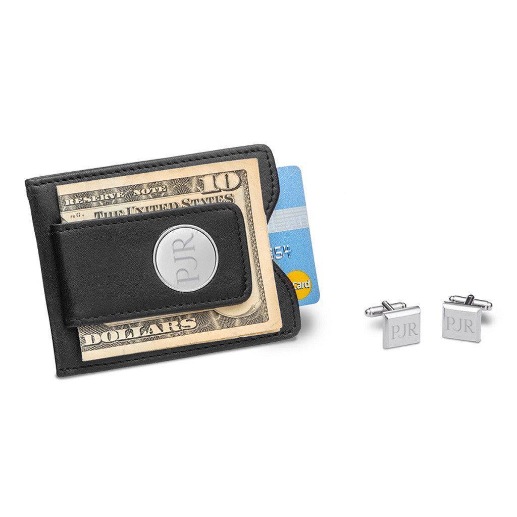 Black Leather Wallet and Modern Square Cufflinks Personalized Gift Set-Wallet-JDS Marketing-Top Notch Gift Shop