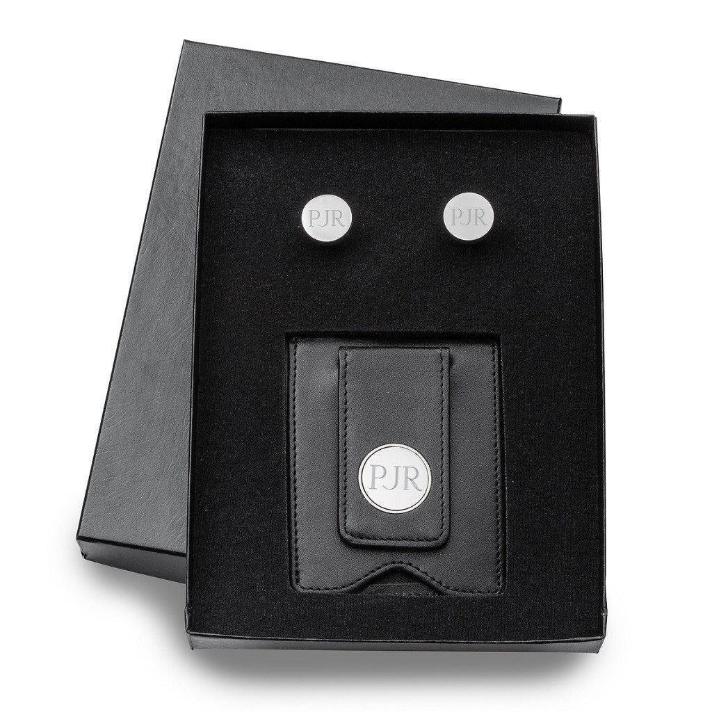 Black Leather Wallet and Pin Stripe Cufflinks Personalized Set-Wallet-JDS Marketing-Top Notch Gift Shop