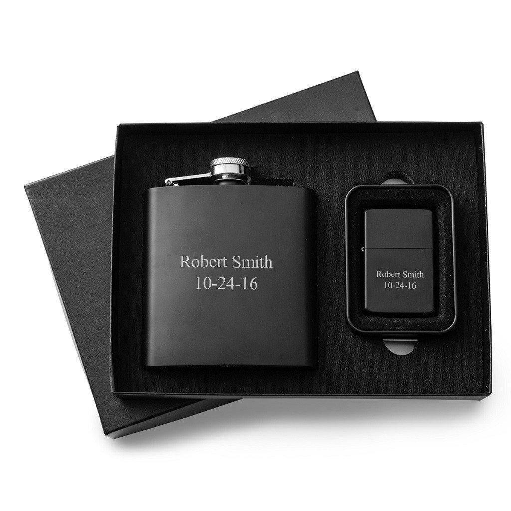 Black Matte 6oz Flask and Lighter Personalized Gift Set-Flask-JDS Marketing-Top Notch Gift Shop