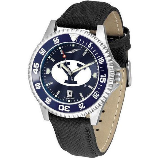 Brigham Young Cougars Mens Competitor Ano Poly/Leather Band Watch w/ Colored Bezel-Watch-Suntime-Top Notch Gift Shop