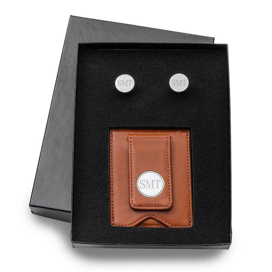 Brown Leather Wallet and Classic Round Cufflinks Personalized Set-Wallet-JDS Marketing-Top Notch Gift Shop