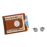 Brown Leather Wallet and Gunmetal Round Cufflinks Personalized Set-Wallet-JDS Marketing-Top Notch Gift Shop