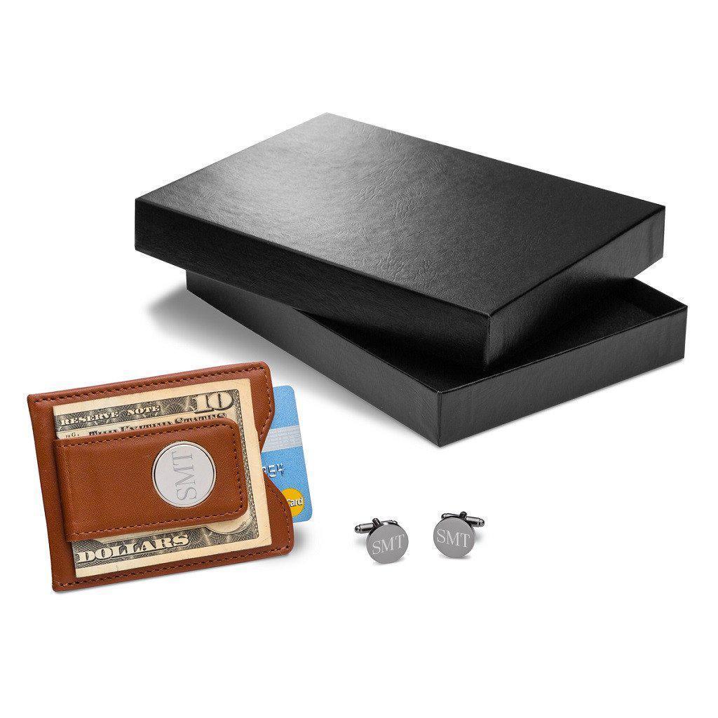 Brown Leather Wallet and Gunmetal Round Cufflinks Personalized Set-Wallet-JDS Marketing-Top Notch Gift Shop