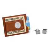 Brown Leather Wallet and Gunmetal Square Cufflinks Personalized Set-Wallet-JDS Marketing-Top Notch Gift Shop