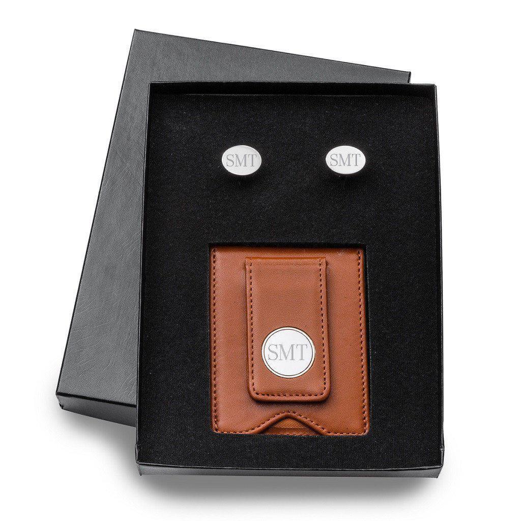 Brown Leather Wallet and Modern Oval Cufflinks Set-Wallet-JDS Marketing-Top Notch Gift Shop