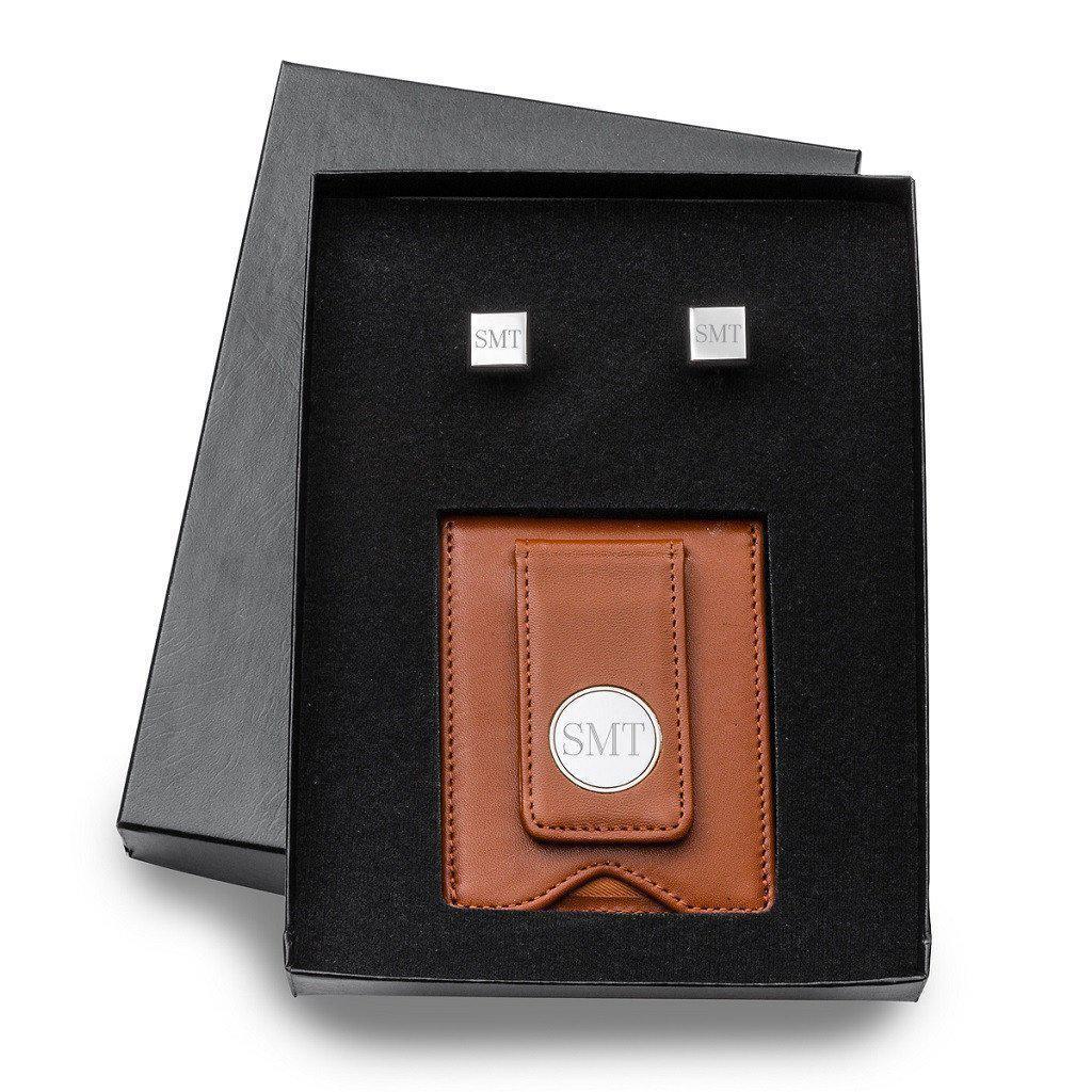 Brown Leather Wallet and Modern Square Cufflinks Personalized Set-Wallet-JDS Marketing-Top Notch Gift Shop