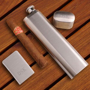 Cigar Flask with Brushed Silver Lighter Personalized Gift Set-Flask-JDS Marketing-Top Notch Gift Shop