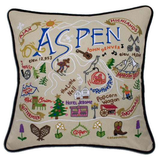 Ski Aspen Embroidered CatStudio Pillow-Pillow-CatStudio-Top Notch Gift Shop