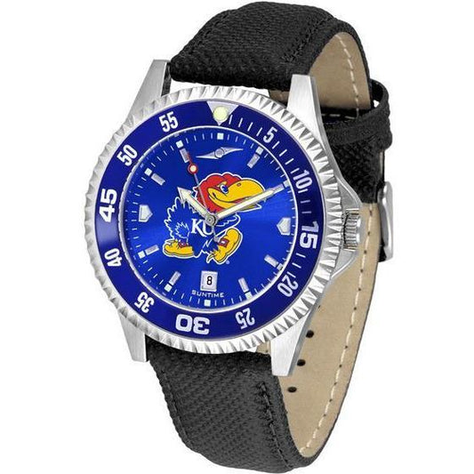 Kansas Jayhawks Mens Competitor Ano Poly/Leather Band Watch w/ Colored Bezel-Watch-Suntime-Top Notch Gift Shop