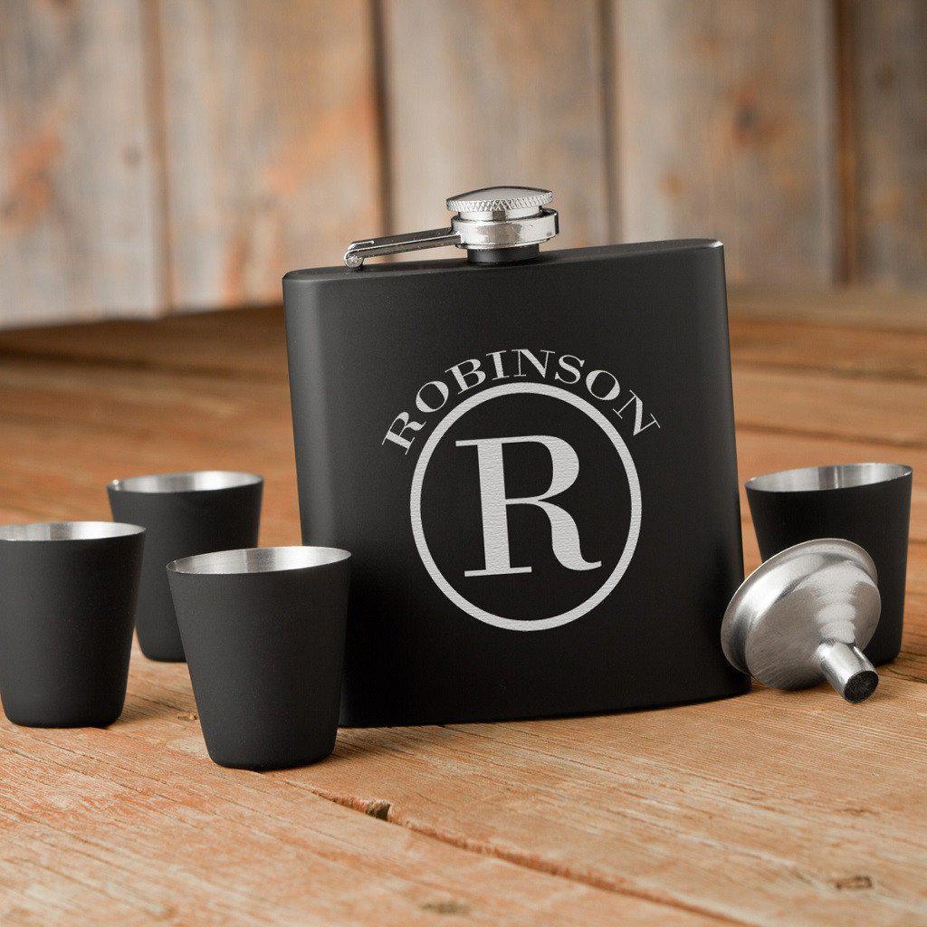 Circle Monogram Black Matte Flask Gift Set-Flask-JDS Marketing-Top Notch Gift Shop