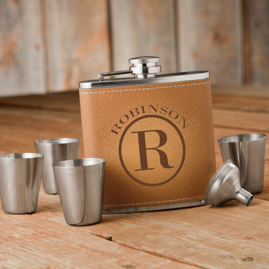 Circle Monogram Tan Hide Flask Gift Set-Flask-JDS Marketing-Top Notch Gift Shop